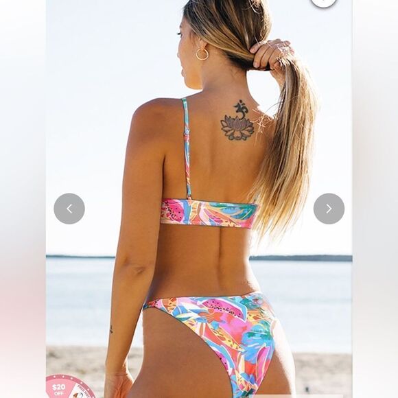 NWT Kamoni Pink Floral V Neck Tie‎ Front High Leg Cut Mid Cheeky Bikini Large - Picture 3 of 12